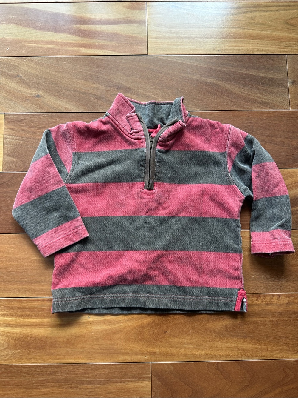 Boden Kids' Red & Gray Striped Quarter-Zip Pullover 3T